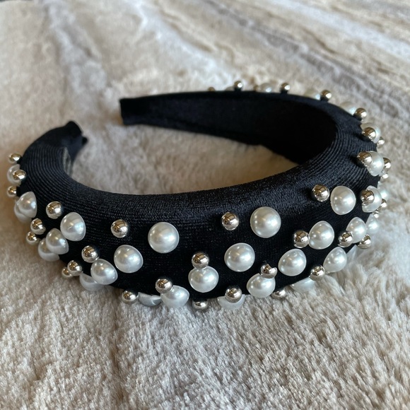 Fancy Black Velvet Pearl Padded Headband